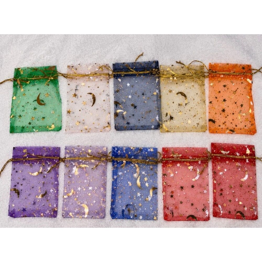 25 Pack Organza Drawstring Gift Bags Gold Moon Stars Assorted Colors 2.75x3.75